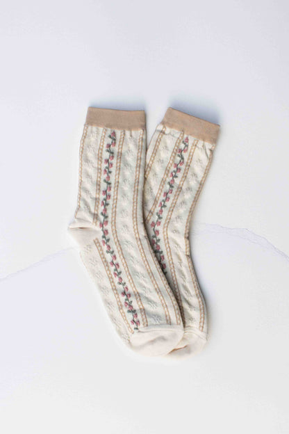 Vintage Stripe Floral Cotton Blend Socks: Set of Two: Powder Blue + Beige