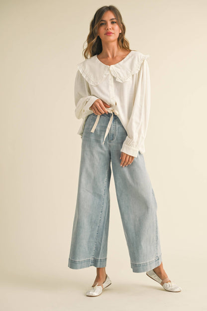 Washed Denim Pants with Tie