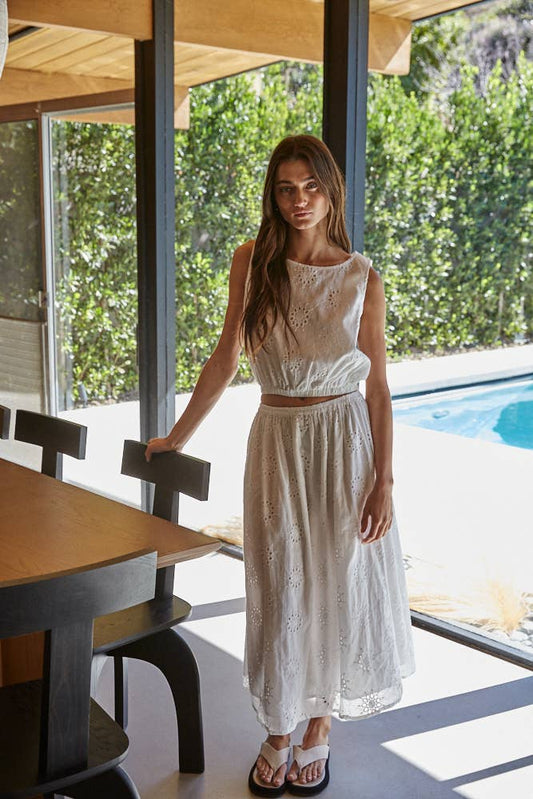 Woven Cotton Eyelet Flare Midi Skirt