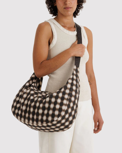 Blurred Gingham Brown - Large Nylon Crescent Bag