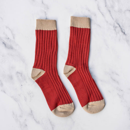 2-Tone Ribbed Crew Socks: Set of Two: Red/Khaki & Black/Dark Green