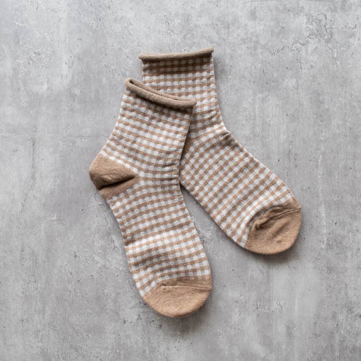 Picnic Mid Crew Socks: Set of Two: Royal Blue + Beige