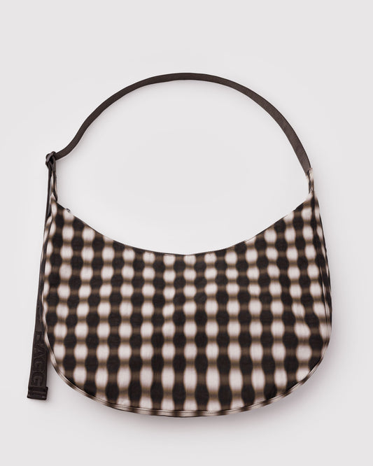 Blurred Gingham Brown - Large Nylon Crescent Bag