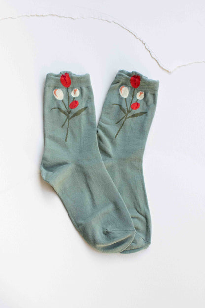 Tulip Mid Crew Socks: Set of 2: Sage & Ivory