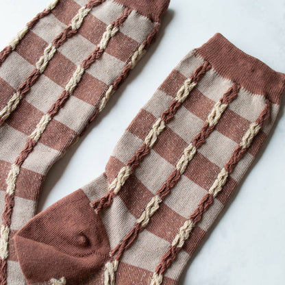 Checkerboard Twist Crew Socks: Set of Two : Brick & Olive