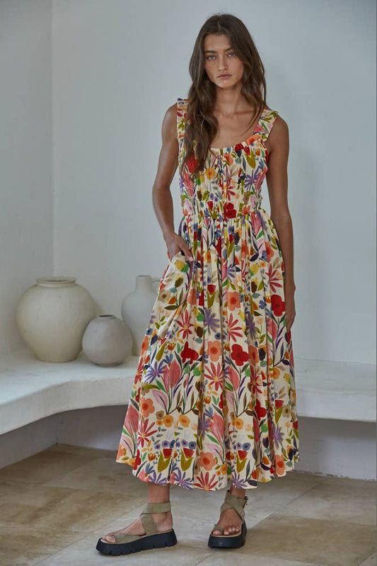 Colorful Floral Print Woven Sleeveless Dress