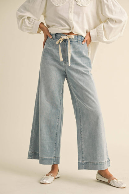 Washed Denim Pants with Tie