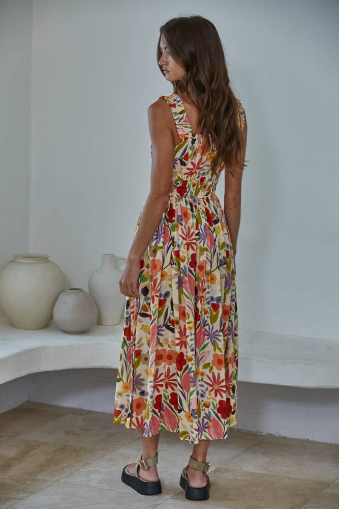Colorful Floral Print Woven Sleeveless Dress