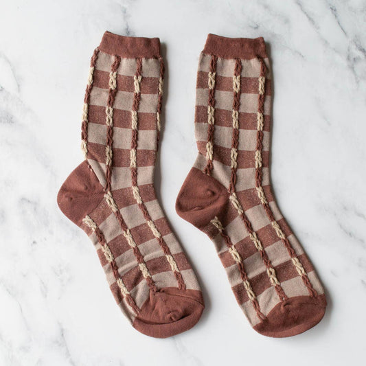 Checkerboard Twist Crew Socks: Set of Two : Brick & Olive