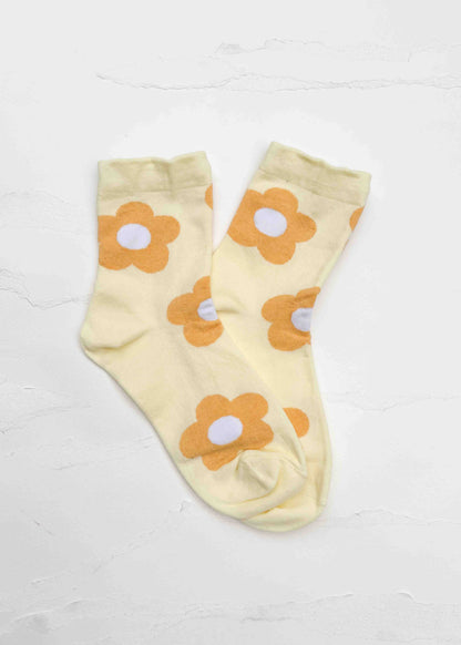 Retro Daisy Flower Crew Socks: Set of Two: Pink + Yellow