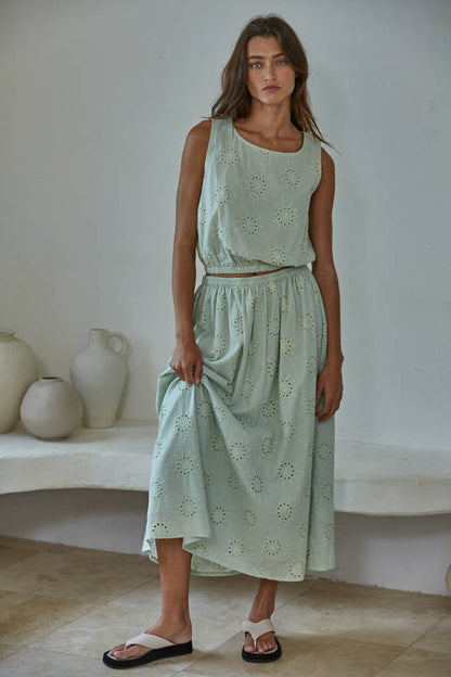 Woven Cotton Eyelet Flare Midi Skirt