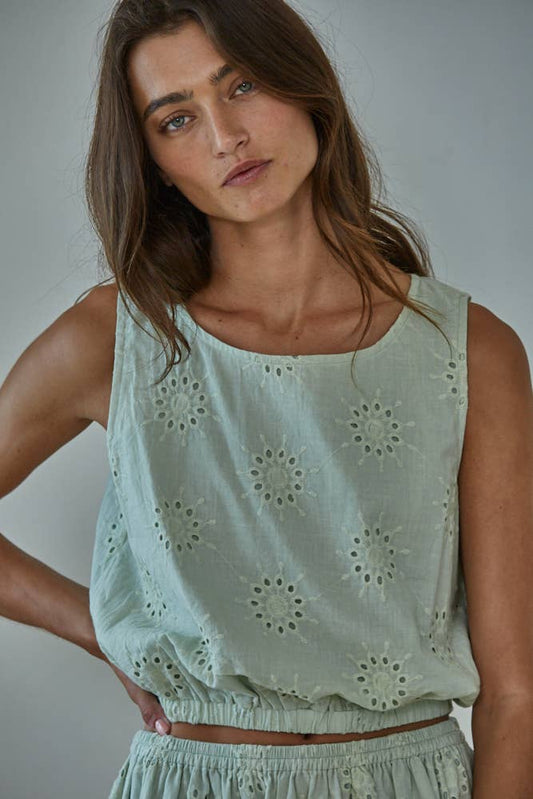Woven Cotton Eyelet Sleeveless Crop Top