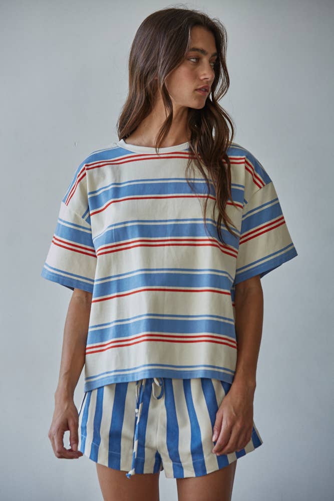 Knit Cotton Multi Striped Short Sleeve Top