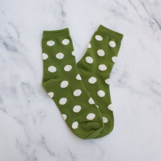 Women's Polka Dots Puff Crew Socks: Set of Two: Green & Pink