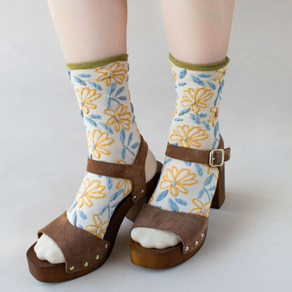Unique Vintage Floral Socks: Set of Two - Olive/Rust