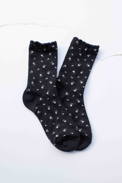 Mini Floral Cotton Crew Socks: Set of Two - Black/White