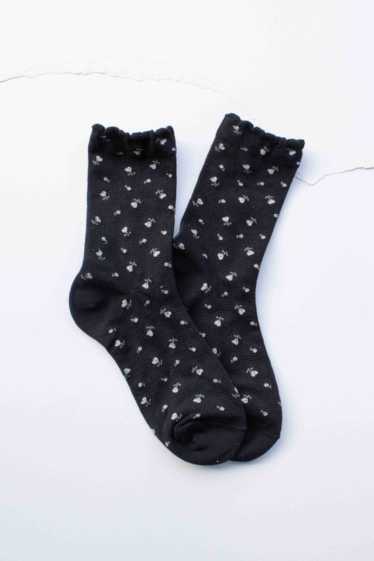 Mini Floral Cotton Crew Socks: Set of Two - Black/White
