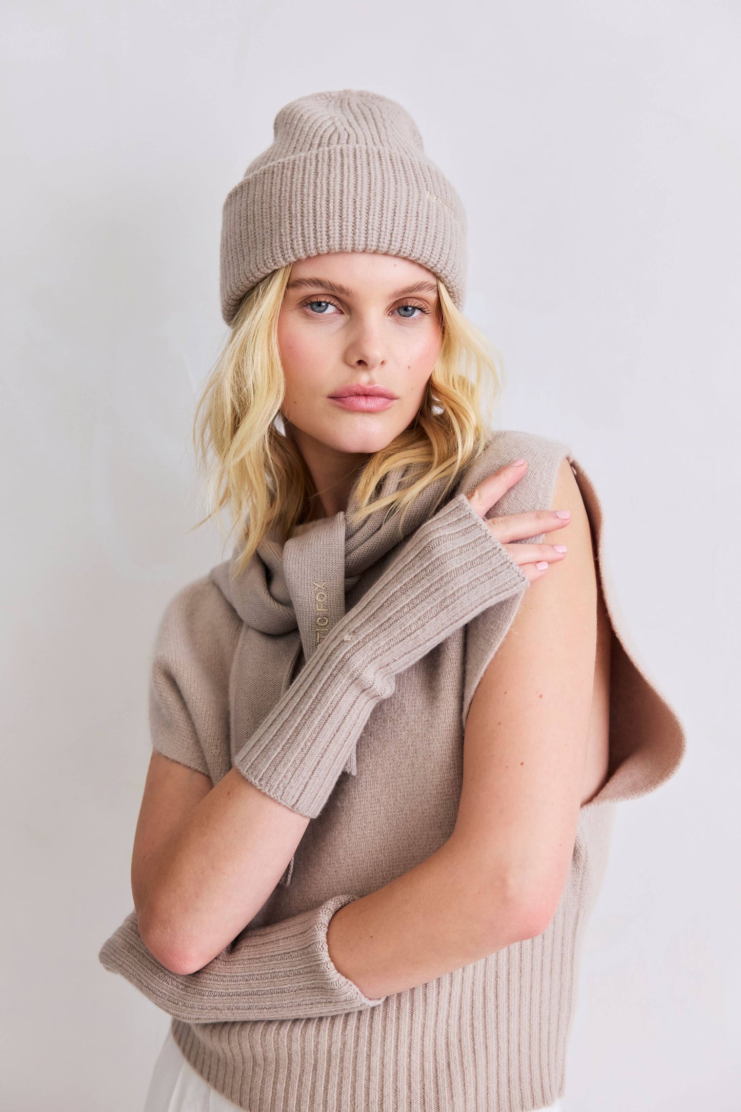 Merino Wool Embroidered Beanie - Soft Taupe