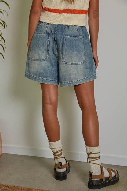 Denim Straight Leg Shorts with Drawstring