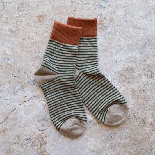 2-Tone Striped Mid Crew Socks: Set of 2: Rust/ Mocha & Olive/Oatmeal