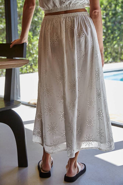 Woven Cotton Eyelet Flare Midi Skirt