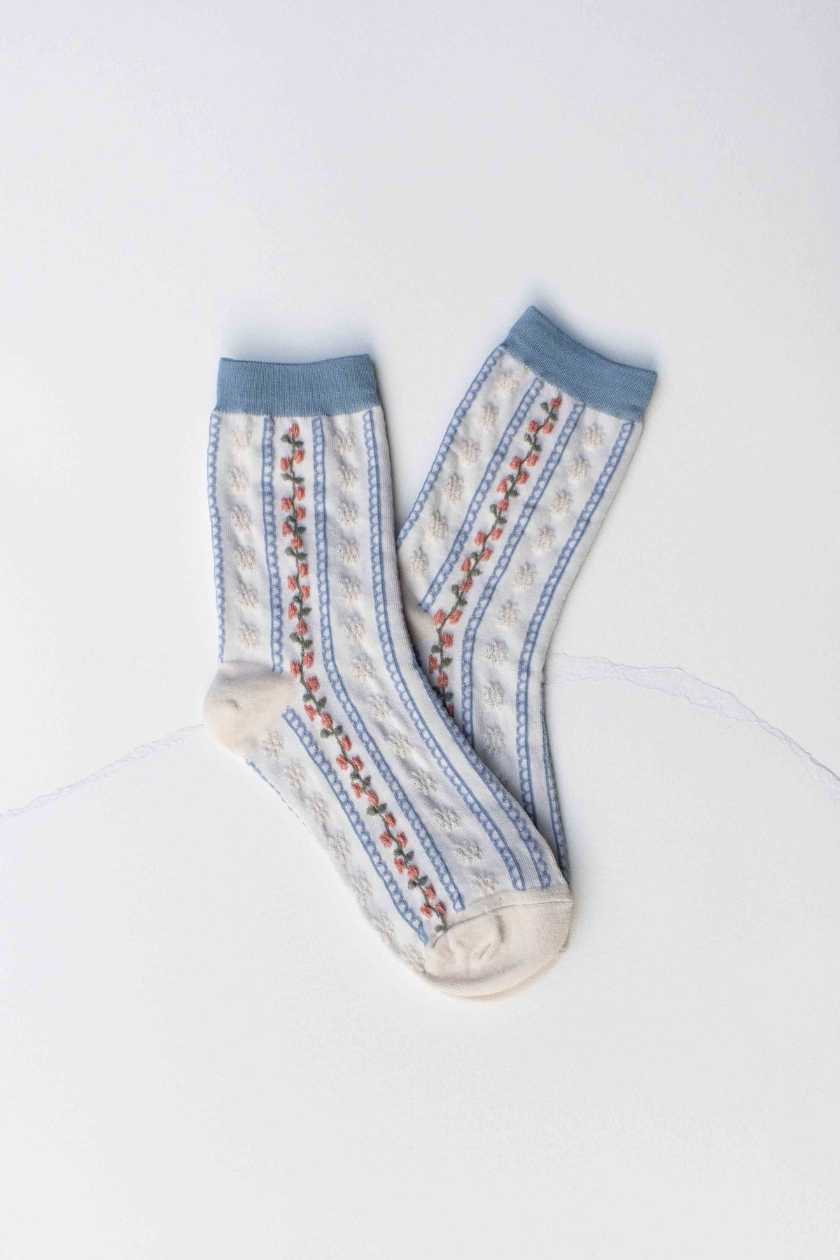Vintage Stripe Floral Cotton Blend Socks: Set of Two: Powder Blue + Beige
