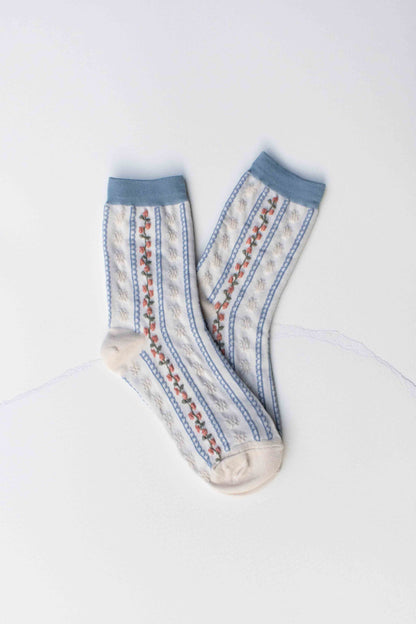 Vintage Stripe Floral Cotton Blend Socks: Set of Two: Powder Blue + Beige