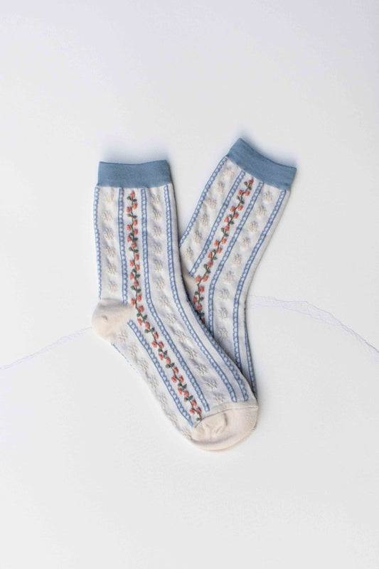 Vintage Stripe Floral Cotton Blend Socks: Set of Two: Powder Blue + Beige