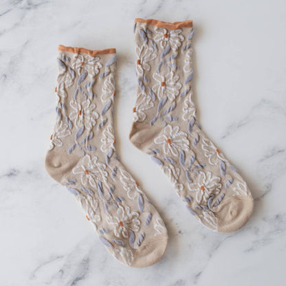 Unique Vintage Floral Socks: Set of Two - Olive/Rust