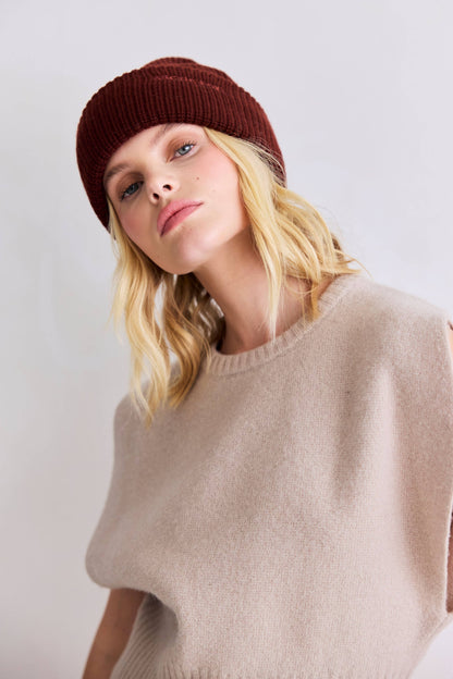 Merino Wool Embroidered Beanie - Dark Walnut Brown