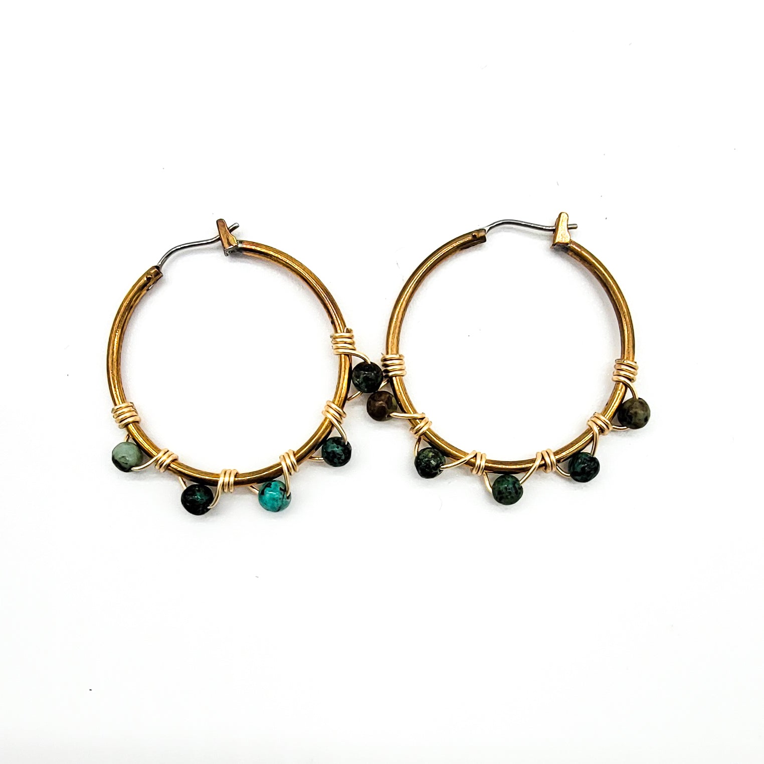 African Turquoise & Brass Hoop Earrings